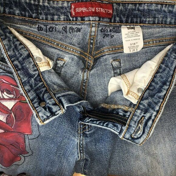 Levi 518  Hand Painted Roses Jeans Superflow Stretch 5 Juniors Wearable Art OOAK - Picture 8 of 12